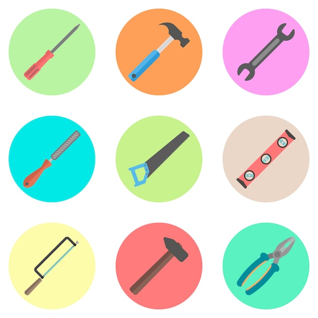 Set van tools in de gekleurde cirkels Premium Vector