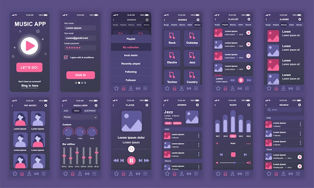 Set van ui, ux, gui-schermen music app flat Premium Vector
