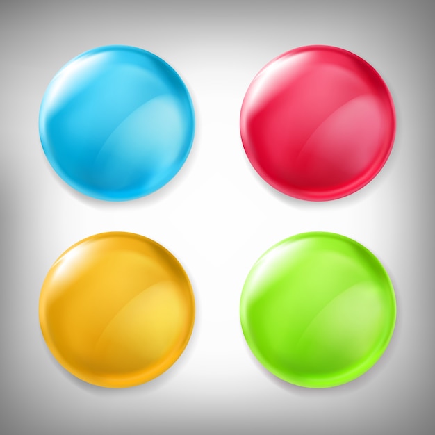 Set van vector 3d-ontwerpelementen, glanzende iconen, knoppen, badge blauw, rood, geel en groen geïsoleerd op grijs. Gratis Vector