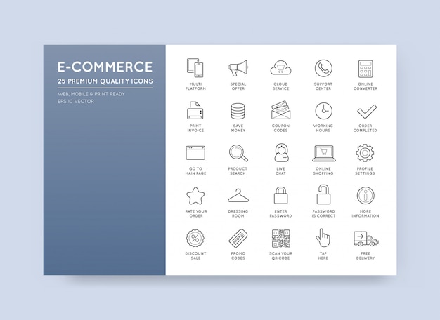 Set van vector e-commerce pictogrammen winkelen en online Premium Vector