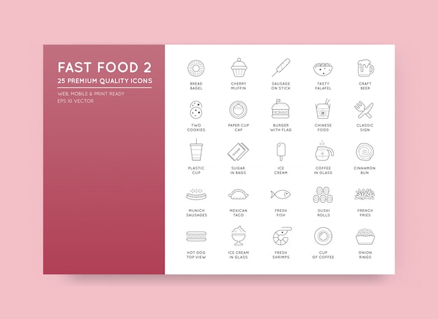 Set van vector fastfood fast food elementen pictogrammen en apparatuur Premium Vector