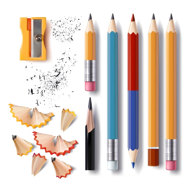 Set van vector gescherpte potloden van verschillende lengtes met een rubber, een slijper, potloodspaanders Gratis Vector