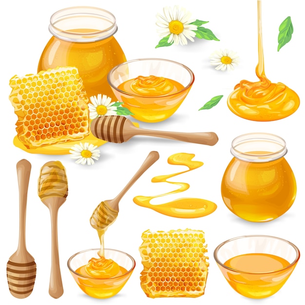 Set van vectorillustraties van honing in honingraatjes, in een potje, druipt van honingduiker Gratis Vector