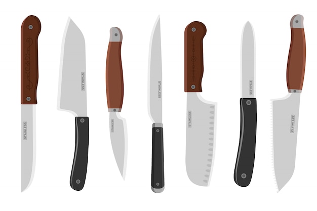 Set van verschillende soorten messen geïsoleerd op een witte achtergrond. kookgerei. pictogram bestek verschillende keukengerei messen. | Premium Vector