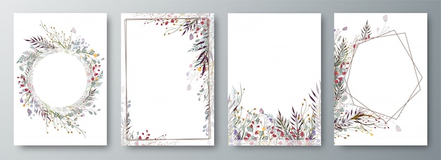 Set van vier uitnodiging of wenskaart ontwerp ingericht Premium Vector