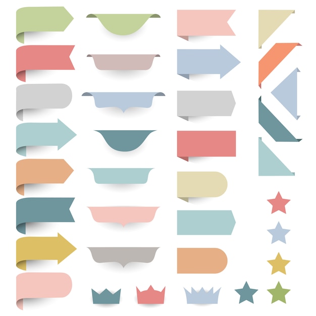 Set van web designelementen - hoeken, banners, linten, sterren, labels in pastel retro kleuren Premium Vector