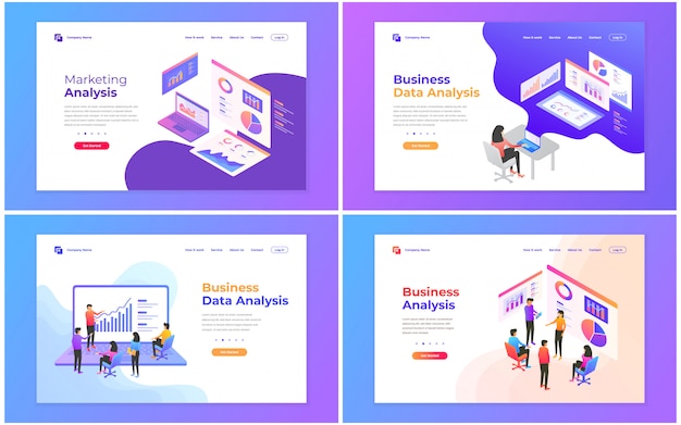 Set van webpagina-ontwerpsjablonen voor data-analyse, digitale marketing, teamwork, bedrijfsstrategie en analyse. Premium Vector