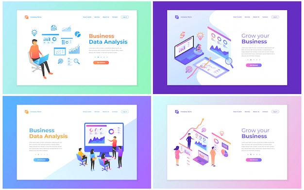 Set van webpagina-ontwerpsjablonen voor data-analyse, digitale marketing, teamwork, bedrijfsstrategie en analyse. Premium Vector