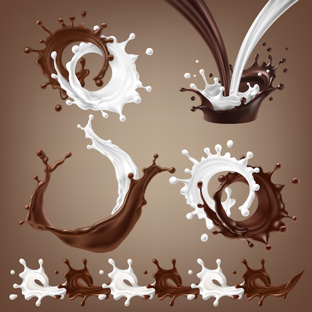 Set vector 3D illustraties, spatten en druppels gesmolten donkere chocolade, warme koffie en melkstroming gemengd Gratis Vector Set vector 3D illustraties, spatten en druppels gesmolten donkere chocolade, warme koffie en melkstroming gemengd Gratis Vector