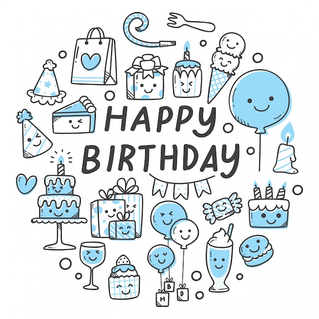 Set verjaardag gerelateerde object in kawaii doodle stijl Premium Vector