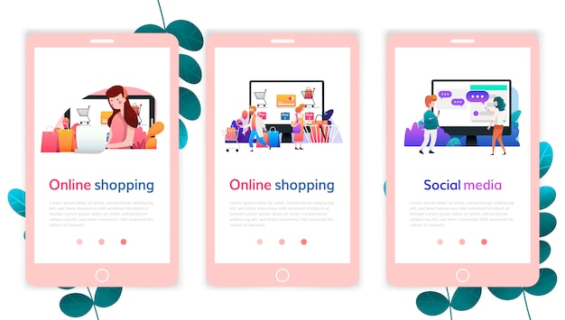 Set webpagina-ontwerpsjablonen voor online winkelen, digitale marketing, sociale media. moderne vector illustratie concepten voor website en mobiele website ontwikkeling. Premium Vector