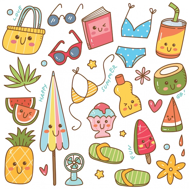 Set zomer gerelateerde object in kawaii doodle stijl Premium Vector
