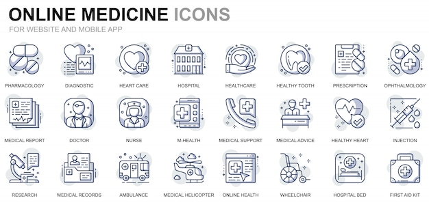 Simple set gezondheidszorg en medische lijnpictogrammen voor website en mobiele apps Premium Vector