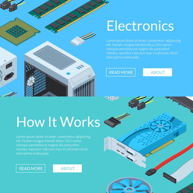 Sjabloon voor vector isometrische elektronische apparaten horizontale webbanner Premium Vector