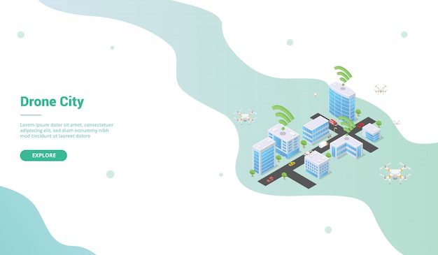 Slimme stad met drone voor websitesjabloon of startpagina met isometrische stijl Premium Vector