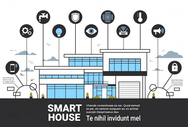 Smart huis infographics icons set moderne huisregelsysteem interface technologie banner Premium Vector