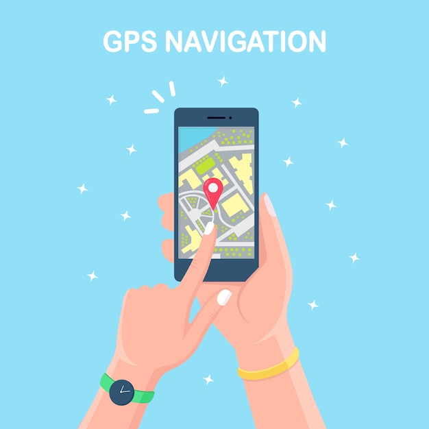 met gps-navigatie-app, tracking. mobiele telefoon met kaarttoepassing | Premium Vector