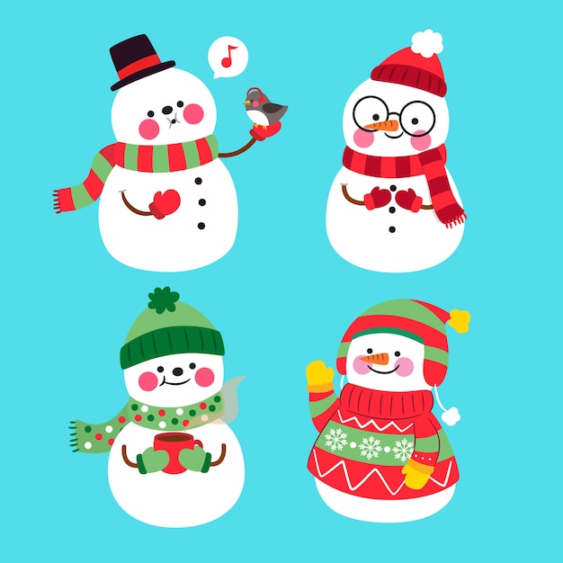 Sneeuwpop tekensverzameling in plat ontwerp Gratis Vector