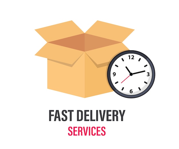 bezorging. kartonnen doos en klok. express levering, snelle tijd. bestel verzending op tijd concept voor apps en website. leveringsconcept. | Vector