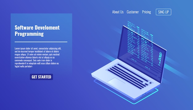 Softwareontwikkeling en programmering, programmacode op laptopscherm Gratis Vector
