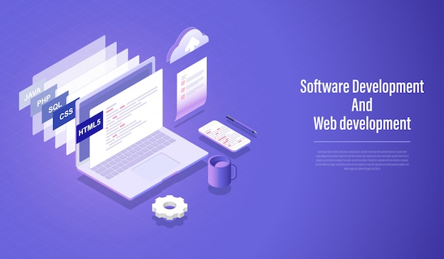Softwareontwikkeling en webontwikkeling isometrisch concept Premium Vector