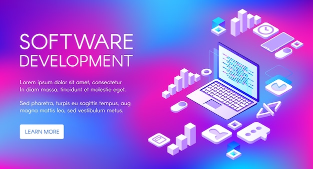 Softwareontwikkeling illustratie van digitale programmeertechnologie voor computer Gratis Vector