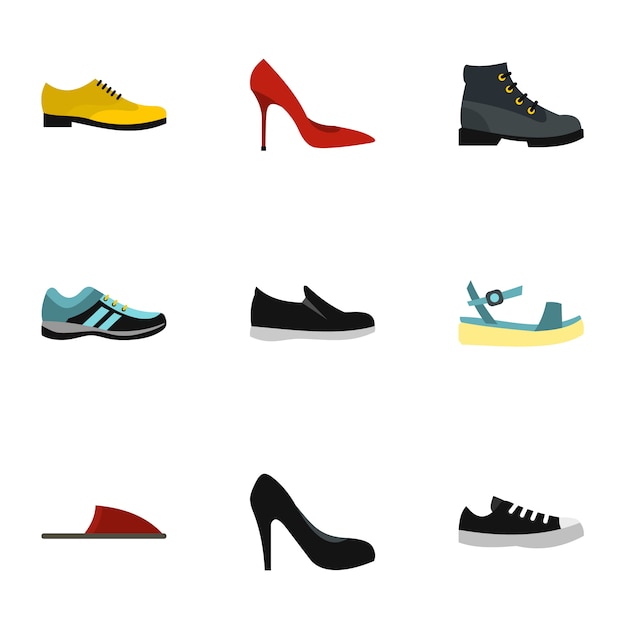 Soort schoenen set, vlakke stijl Premium Vector