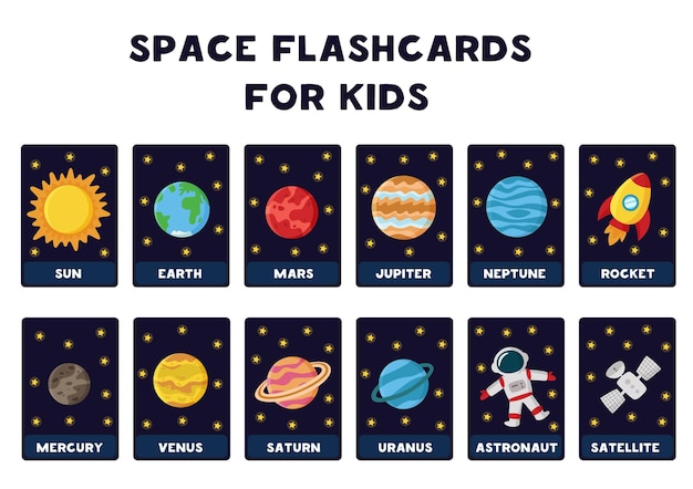 Space Flashcards Voor Kinderen Illustraties Van Planeten In Het Zonnestelsel Met Hun Namen Premium Vector