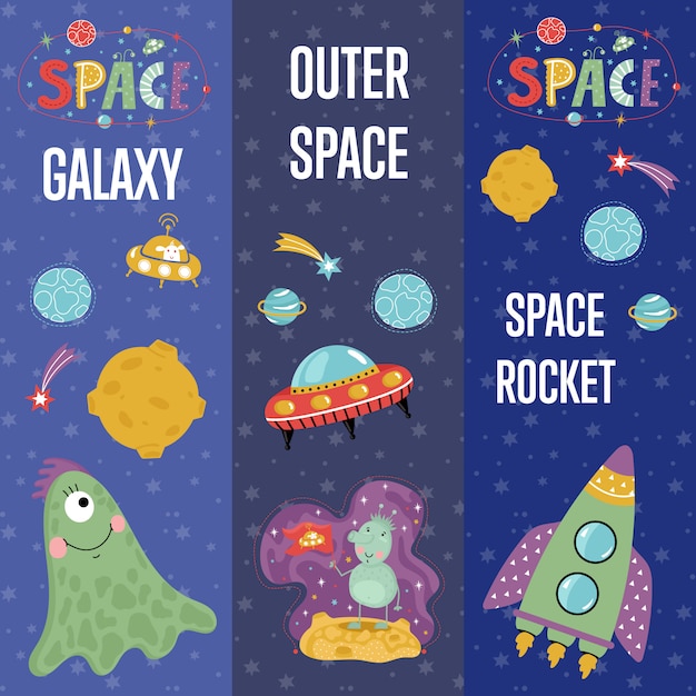 Space theme cartoon web banners collectie Premium Vector