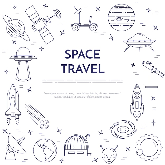 Spatie van de ruimtevaartlijn. reeks elementen van planeten, ruimteschepen, ufo, satelliet, kijker en andere kosmospictogrammen. concept voor website, kaart, infographic, adverteren. vector illustratie Premium Vector
