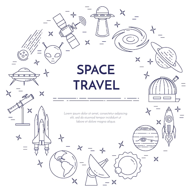 Spatie van de ruimtevaartlijn. reeks elementen van planeten, ruimteschepen, ufo, satelliet, kijker en andere kosmospictogrammen. concept voor website, kaart, infographic, adverteren. vector illustratie Premium Vector