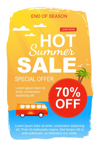 Speciale verkoopsjabloon voor hete zomerverkoop voor seizoeneinde. promotie flyer stelt 70 procent prijs af op busreizen Premium Vector