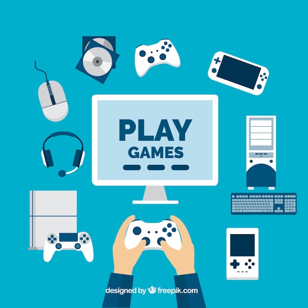 Speler met video game-elementen in plat design Gratis Vector