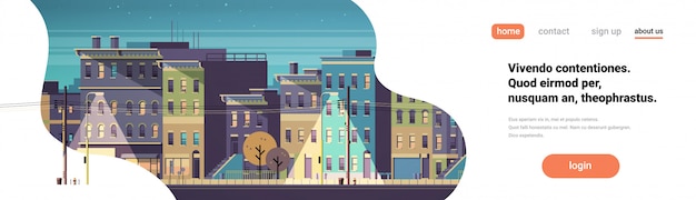 Stad gebouw huizen nacht weergave skyline banner Premium Vector