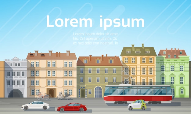 Stad gebouw huizen uitzicht met auto road tram vervoer skyline Premium Vector