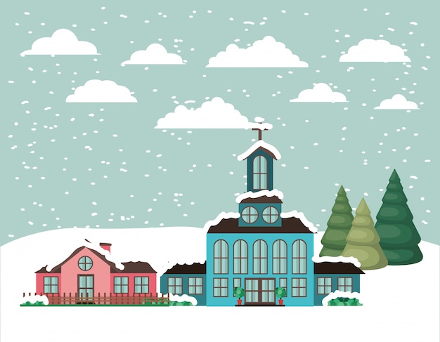 Stad met kerk in snowscape Gratis Vector