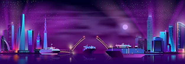 Stadsbaai met de vectorachtergrond van het ophaalbrugbeeldverhaal Gratis Vector