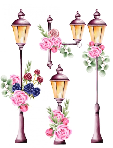 Stadslichten versierd met roze bloem en groene bladeren Premium Vector