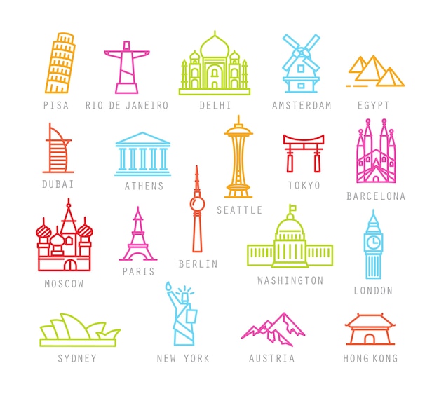 Stadspictogrammen in kleuren vlakke stijl met namen van steden. Premium Vector