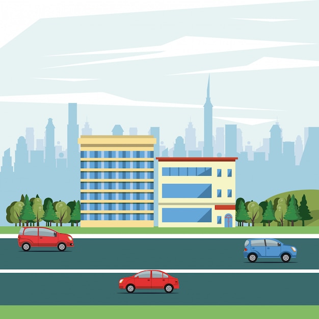 Stedelijke gebouwen met stadslandschap Gratis Vector