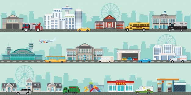 Stedelijke grote stadsgezicht met verschillende grote moderne gebouwen en voorstad met particuliere huizen. Premium Vector
