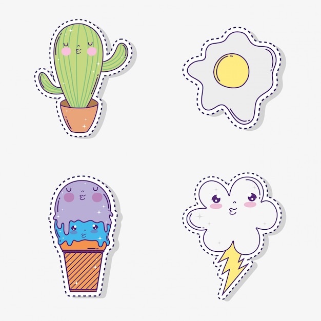 Stel kawaii cactus met ijs en wolk met regenboog Premium Vector