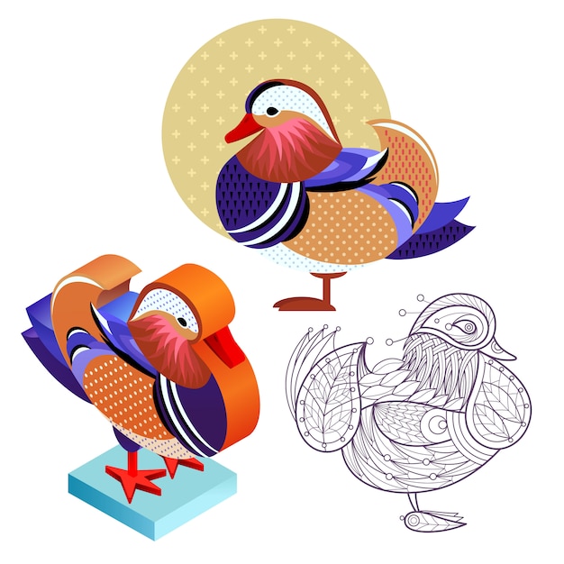 Stel mandarin duck-afbeelding in verschillende stijlen in. Premium Vector