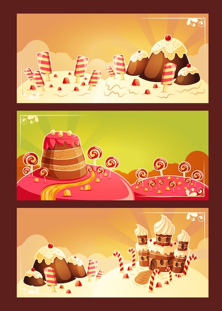 Stel vector cartoon banners met een zoet landschap Gratis Vector