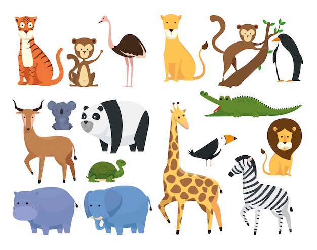 Stel wilde dieren in het safari-reservaat van de dierentuin Gratis Vector