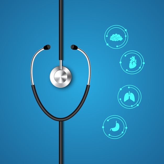 Stethoscoop en infographic. medisch en gezondheidszorgsjabloon. Premium Vector
