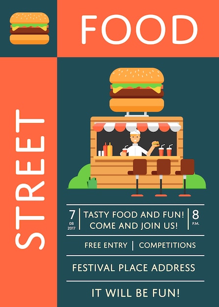 Straatvoedsel festival uitnodiging poster met hamburger café Premium Vector