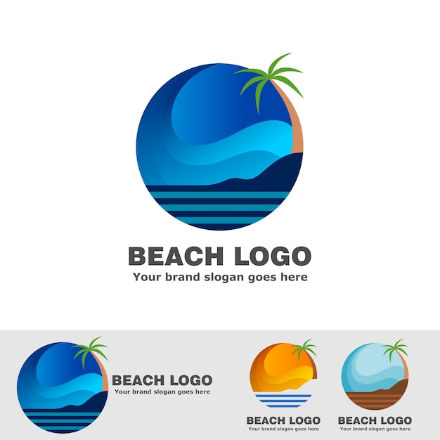 Strand met gebogen hemel en kokospalmen Premium Vector