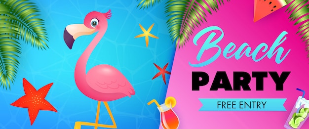 Strandfeest, gratis toegangsborden met schattige flamingo Gratis Vector