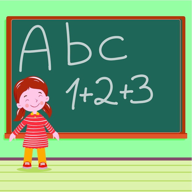 Student op het bord in klaslokaal abc brief Premium Vector